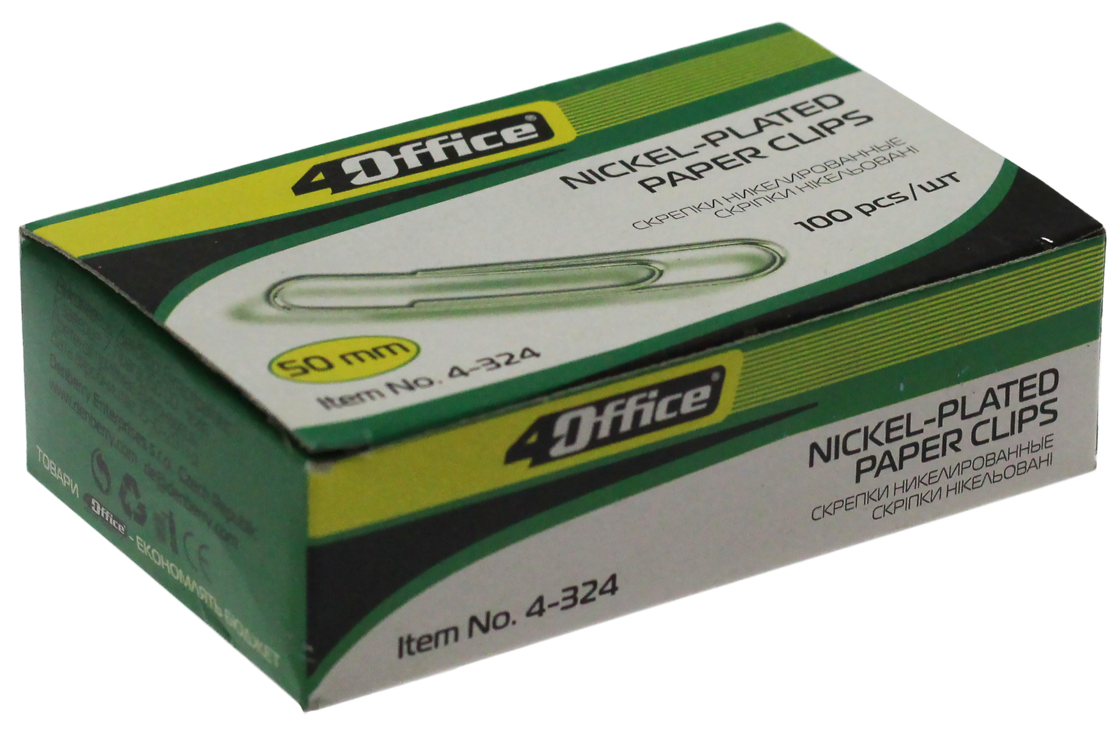 Скріпки 4OFFICE (4-324), 50 мм, круглі, нікельовані, 100 шт.